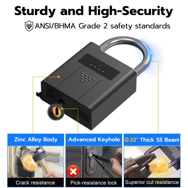 eLinkSmart Fingerprint Padlock with Key Backup, Heavy Duty Weatherproof Bluetooth