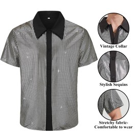 Ezuwail Men's 70s Disco Outfit Costume Short Sleeve Shirts Flared Pants Wigs Necklace Moustache Sunglasses 6 Pieces