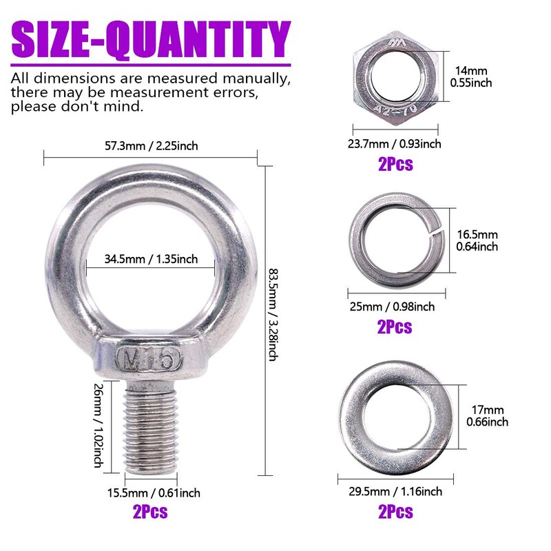 8Pcs 304 Stainless Steel M16 Male Thread Lifting Ring Eye
