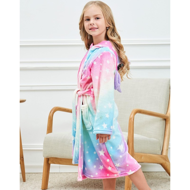 Girls Unicorn Hooded Robe with Matching Slippers, Headband, Blindfold Rainbow