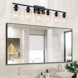 HCCZ 6 Light Bathroom Light Fixtures Black Vanity Light Over Mirror Modern Farmhouse Wall Lighting Sconces Wall Lamp for Bathroom, Bedroom, Living Room E26 Socket with Glass Shade