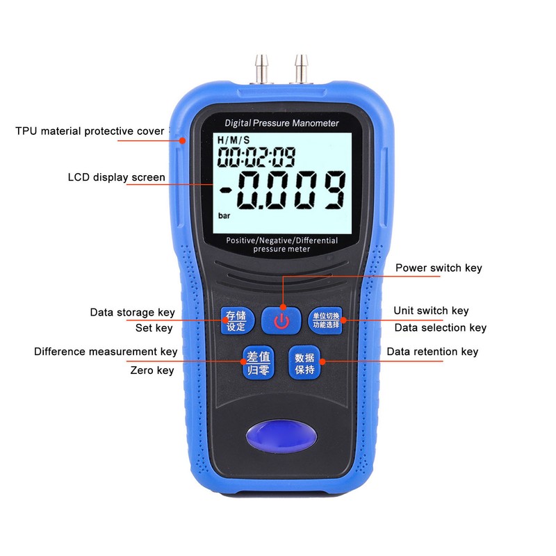 Digital Manometer High Accuracy 11 Units LCD Backlit Air Differential