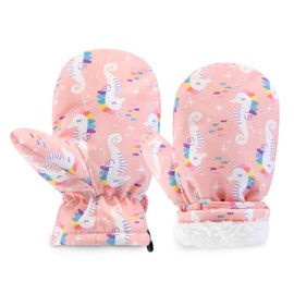 Baby Winter Waterproof Gloves Toddler Boys Girls Ski Snow Mittens Kids Fleeced Lined Warm Gloves (Pink Seahorse, S(3-12 Months) no Thumbs)