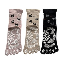 Mode Select Women's 5 Toe Socks, Sports, Anti-slip, 5 Toe Socks, Yoga Socks, Loose, Elastic Mouth, Press Point Point, Cat Pattern, Cotton Blend, Set of 3 Pairs, Black, Pink, Beige, Grey, Purple