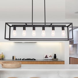 BONLICHT Black Rectangle Farmhouse Chandelier 6 Light Modern Dining Room Lighting Fixture Hanging Kitchen Island Pendant Light Industrial Metal Linear Cage Flush Mount Ceiling Light for Hallway Foyer