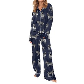 SHESHOW Womens Silk Satin Pajamas Set Long Sleeve Button Down Sleepwear Loungewear 2 Piece Animal Print Pj Sets for Woman Navy S
