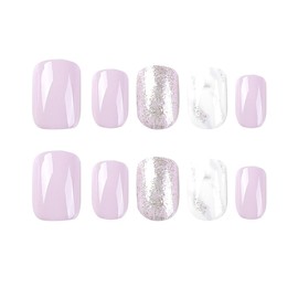 Light Purple Press on Nails Short Square, Short Fake Nails Kit with Silver Glitter Designs, Glossy Acrylic Press on Nails, Thick Reusable Glue on Nails Short Press on Nails for Women, Gleaming Lilac