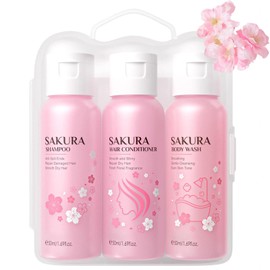 Sakura Shower Gift Set for Women - Travel Size 3-in-1 Bath & Hair Care Kit- Shampoo, Conditioner, Body Wash