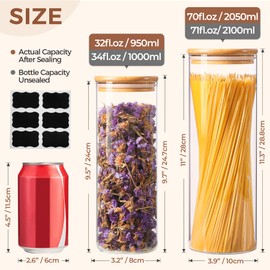 ComSaf Glass Food Storage Jars Set of 6, Tall Glass Storage Containers with Lids, Spaghetti Jar, Canisters Set for the kitchen, Pasta, Flour, Nuts, Oat, Coffee and Sugar Container, Pantry Organization
