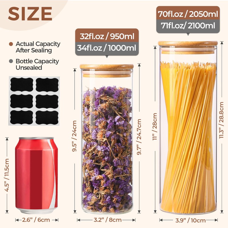 ComSaf Glass Food Storage Jars Set of 6, Tall Glass