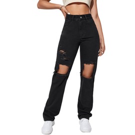 SweatyRocks Women's Casual Loose Ripped Denim Pants Distressed Wide Leg Jeans Black M