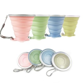 JBER - Taza de viaje plegable de silicona, paquete de 4 tazas de camping plegables de silicona con tapas, vaso expandible para senderismo al aire última intervensión, viajes (olivo y rosa, verde y azul)