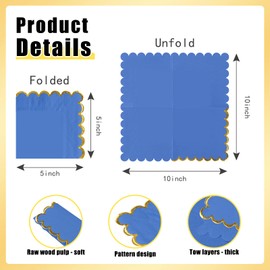FALIZIFU 50 Pieces 2-Ply Blue Scalloped Napkins with Gold Foil Cocktail Napkins Disposable Paper Napkins for Dinner Wedding Baby Shower Birthday Party Beverage Napkins