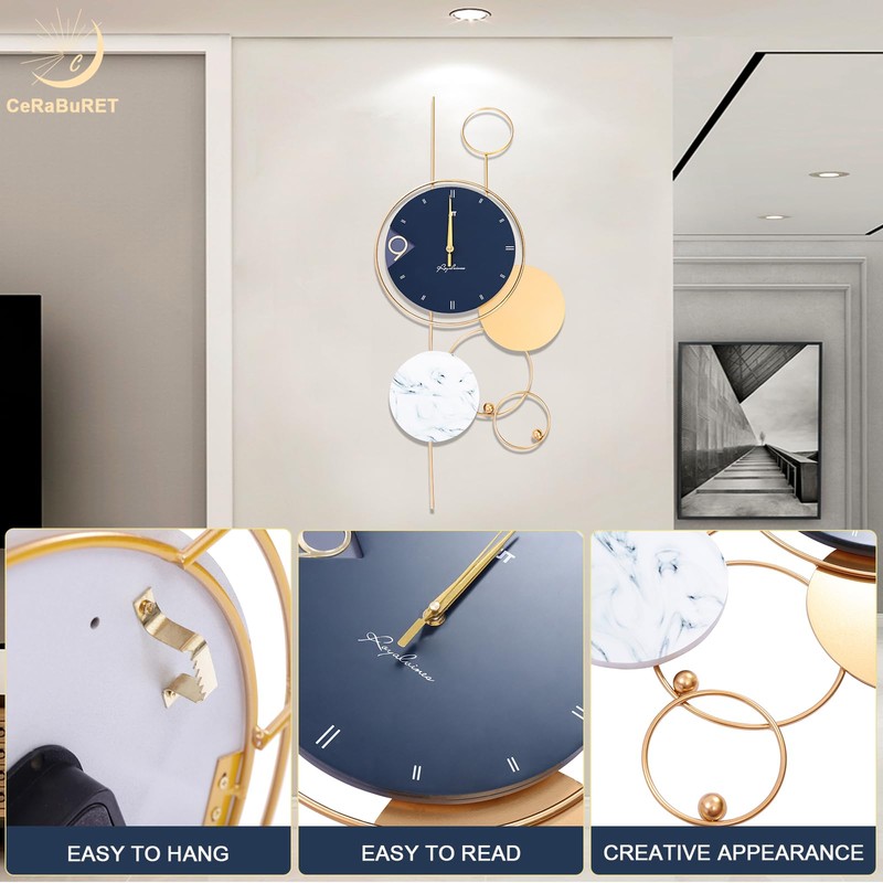 Blue And Gold Wall Clocks W/Hook 30" Large Wall Clock