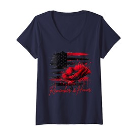 Womens Honor remember Memorial Day Vintage Poppy Flower Patriotic V-Neck T-Shirt
