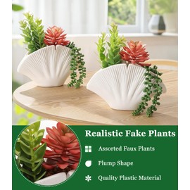 Lewondr Fake Plants, 2 PCS Artificial Plants with Sea Shell Pots, Assorted Fake Succulents in Coastal Beach Decor, Artificial Greenery Ocean Seashell Series for Home Office Bedroom Beach Theme Party