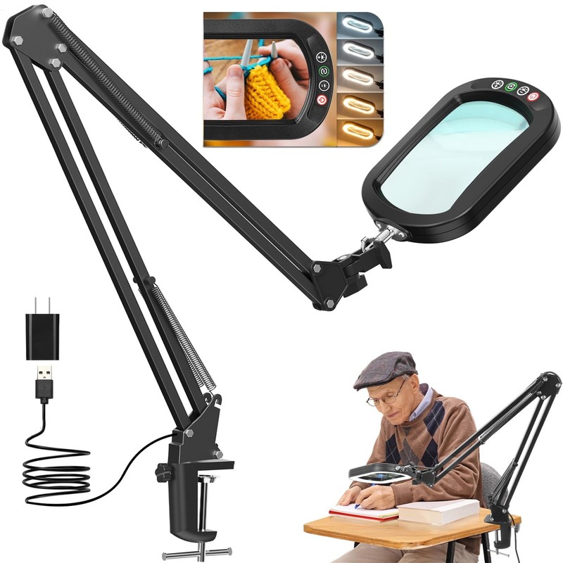 10X Large Magnifying Glass with Light and Clamp, Real Glass,