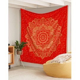 Madhu International Mandala Tapestry Psychedelic Floral Medallion Hippie King Tapestries Bohemian Wall Hanging Indian Traditional Design For Living Room Dorm Home Decor 90x108 Inches, Red