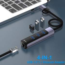 BENFEI 2 in 1 USB C/3.0 Wired LAN Adapter, 3 USB Ports Ethernet Adapter 10/100/1000Mbps RJ45 Gigabit iPhone 15 Pro/Max, MacBook Pro/Air 2023, iPad Pro, iMac, S23, XPS 17 and More