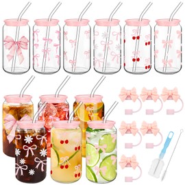 Yetene 6 Pcs Coquette Bow Glass Cup Bulk 16oz Aesthetic Pink Glass Cup with Lids and Straws Reusable Pink Bow Silicone Straw Toppers Lids Protectors 2 Brush for Drinking Coffee Tea Cocktail