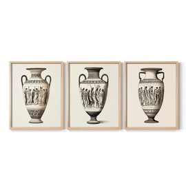 Renditions Gallery Set of 3 Peel & Stick Framed Prints, Ceramic Vase Wall Art, Antique Vase Illustrations Wall Decor, Re-Stickable - Ready to Hang - 11"x14" - Natural Frame LT597