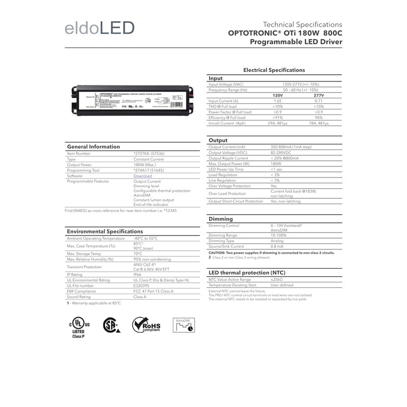 eldoLED | *275TK8 Oti180W/UNV/800C/2DIM/P6/G2 | LED Driver | Replacement for