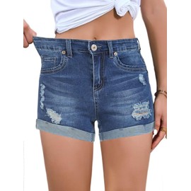 FEKOAFE Womens Shorts Casual Blue Ripped Jean Shorts Stretchy Folded Hem Hot Denim Shorts Blue Medium