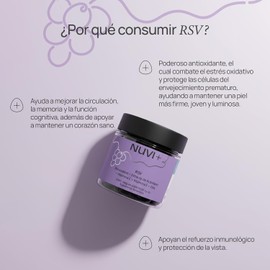NUVI+ Gomitas RSV con Resveratrol, Arándano, Vitamina C, E y Zinc Antioxidante Natural Vegano sin Azúcar Suplemento 60 Gomitas Sabor Uva