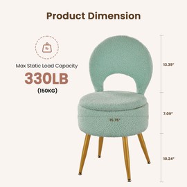 ZYKZYK Vanity Stool with Storage and Backrest, Folding Back & Velvet Seat, Footrest, Round Ottoman with Sherpa, Vanity Chair with Storage, Ideal for Bedroom, Living Room, and Makeup Stations