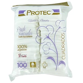 Protec Pads Faciales con Glicerina, Cuadrados, 100% Algodón, 100 Piezas, Blancos, para Cuidado de la Piel y Belleza