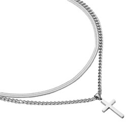 ZORVUJI Men's Cross Necklace, Silver Stainless Steel with Cuban Chain, Layered Necklace with Cross Pendant, Men's Jewellery Gift for Men