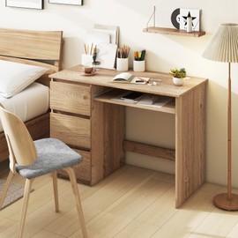 Giantex Computer Desk with Drawers, Modern Home Office Desk with Charging Station & Keyboard Tray, Laptop PC Computer Workstation, Study Writing Desk for Bedroom (Natural)