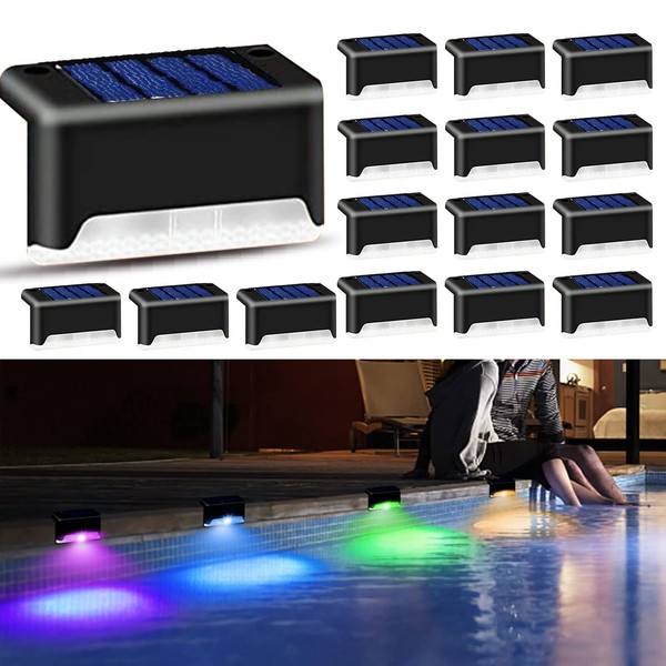 Solar Pool Side Lights 16Pcs Color changing Solar Deck Lights Outdoor LED Step Light Waterproof Pool Accessories Easter Decor for Stairs Fence Yard Patio Driveway Pathway Yard Backyard and Garden