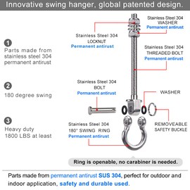 BeneLabel 2Pcs Wood Beam & I-Beam Hanger, Removable and Easy to Connect, Stainless Steel Heavy Duty Swing Hooks, Yoga Hammock Chair Sandbag, Swing Sets Hardware, 7" x M2/5"