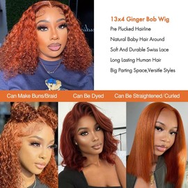 GOLFMAX Ginger Water Wave Bob Wig Human Hair Transparent HD 13x4 Lace Front Human Hair Wig 10 Inch Short Bob Wig Glueless Wigs Human Hair Pre Plucked With Baby Hair
