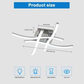 Goeco LED Ceiling Light, Modern Curved Design Chandelier with 4 LED Boards Cold White Light 6500K, 24 W Semi-Flash Lamps for Bedroom Living Room Kitchen, Silver 18 inch * 18 inch