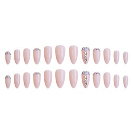Almond Press on Nails Long Fake Nails with Designs Rhinestone Stick on Nail Nude Pink Acrylic False Nail Glossy Artificial Nail Full Cover Glue on Nails for Women 24Pcs