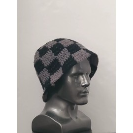 Black And Gray Crochet Checkered Bucket hat festival Boho Hippie Chic Handmade