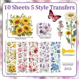 WANDIC 10 Sheets Rub On Transfer Sticker, Mixed Flower Stickers for DIY Scrapbooking Photo Albums Furniture,11.8 * 3.9in