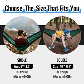Hamaca de camping doble y individual portátil con correas de árbol, hamacas de paracaídas de nailon ligero, accesorios de camping, equipo para mochileros interiores y exteriores, viajes, senderismo, playa