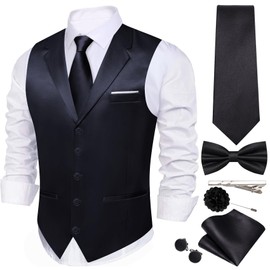 Barry.Wang Black Vest Tie Set for Men Solid Color Suit Vest Necktie Cufflinks Bow Tie Set Formal Business Wedding Party