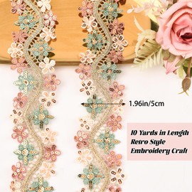 URROMA Colorful Embroidery Flower Lace Trim, 10 Yards Golden Thread Flower Lace Ribbon Roll Vintage Lace Ribbon for Sewing Crafting Wedding Cards Decors DIY Crafts