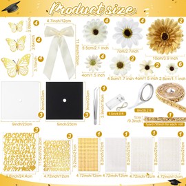 Wavwavw 59 Pcs DIY Graduation Cap Decorations Kit, White Grad Cap Decor with Lights Included Bow Faux Daisy Flowers 3D Butterfly Pearl Letters Stickers Construction Paper for DIY Grad Hat Topper