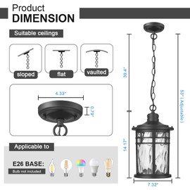 Darkaway Large Outdoor Pendant Lights for Porch, 15inch Outdoor Chandelier Hanging Porch Lights Outside Ceiling Mount Aluminum with Water Ripple Glass for Front Porch Gazebo Patio