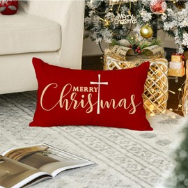 RABUSOFA Christmas Pillow Covers 12x20 Inch Red Cross Christmas Decorations Indoor Christian Decorative Throw Pillow Cases Outdoor Winter Holiday Xmas Decorations Lumbar Cushion Covers for Couch