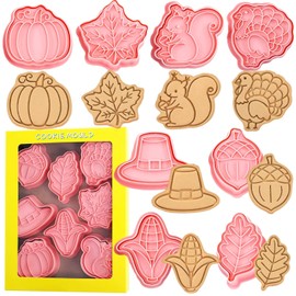 Crethinkaty Thanksgiving Cookie Cutters-8Pieces Thanksgiving Cookie Cutters and Stamps,Plastic Thanksgiving Cookie Cutter Set,Pumpkin, Turkey, Maple Leaf, Oak Leaf,Squirrel,Corn,Acorn and Hat