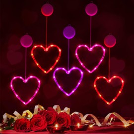 Baquler 5 Pcs Timed Window Lights Hanging Red Heart Lights with Suction Cup Battery Operated Heart LED for Anniversary Wedding Home Decor(Red,Pink,Purple)