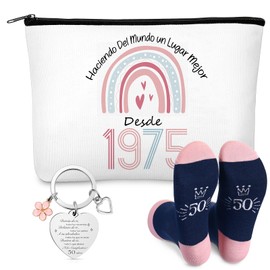 Jadive Geburtstagsgeschenke für Frauen Kosmetiktasche Schlüsselanhänger und Socken Regenbogen 1975 Kulturtasche Kosmetiktasche für Mama Mutter Freundin Reise Oma Kollegin Krankenschwester