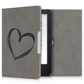 kwmobile Case Compatible with Tolino Vision 1/2 / 3/4 HD Case - Faux Leather Cover - Heart Brush Grey
