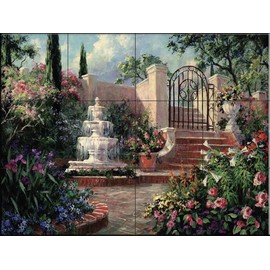 Tile Mural Kitchen Backsplash - AF-Fountain Garden - by Art Fronckowiak